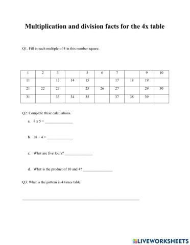 Multiplication and Division facts for the 4x table