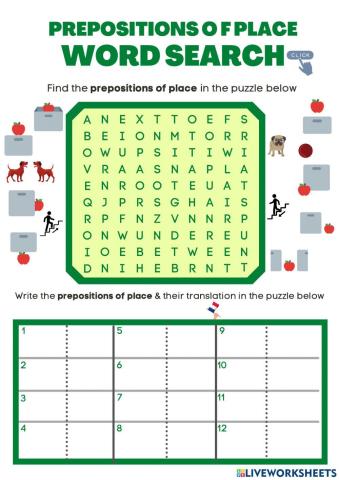 Prepositions of place wordsearch
