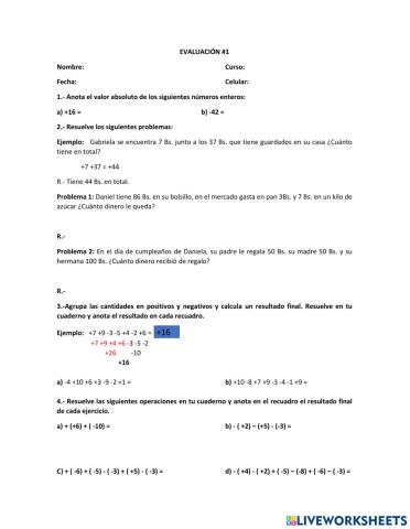 Evaluación suma de números enteros