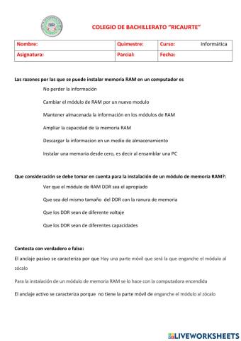 Ficha 03 memorias ram 2do informatica