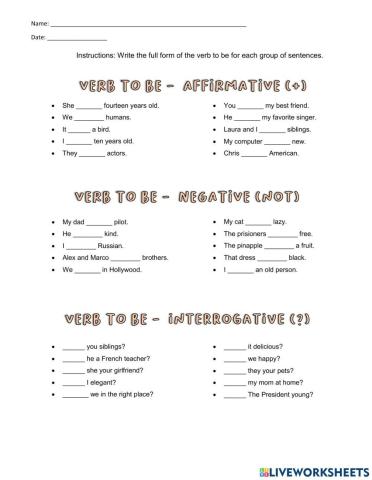 Verb To be Affirmative, Negative, Interrogative