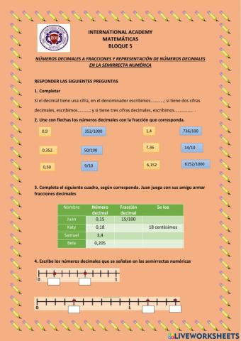 Números decimales a fracciones y en la semirrecta numérica