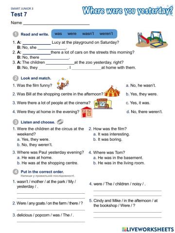 Smart Junior 3. Unit 7. Where were you yesterday? Test