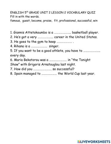 Unit 2 lesson vocabulary exercise