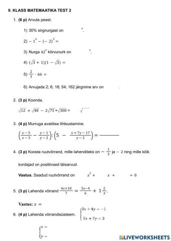 9. klassi kordamistest 2