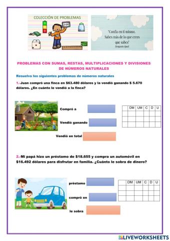 Problemas de suma resta multiplicación y división de naturales