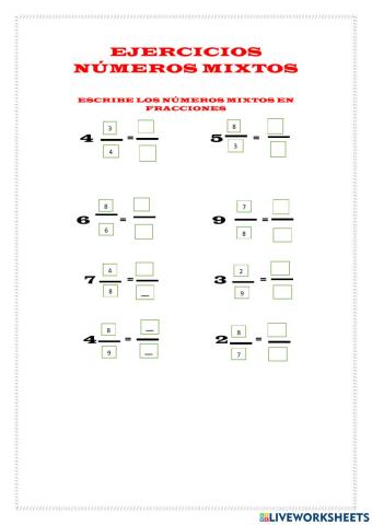 Ejercicios de números mixtos a fracciones