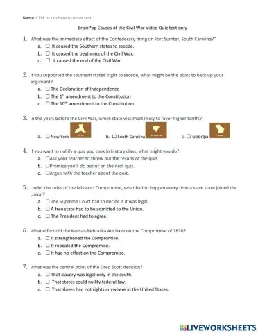BrainPop Causes of Civil War Video Quiz text only