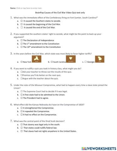 BrainPop Causes of Civil War Video Quiz text only