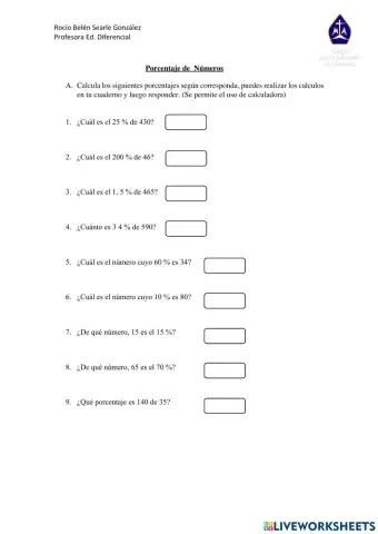 Guía ejercicios porcentajes de números