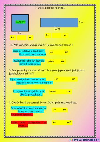 Pole prostokąta i kwadratu.