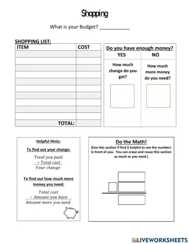 Blank Shopping Budget Practice Sheet
