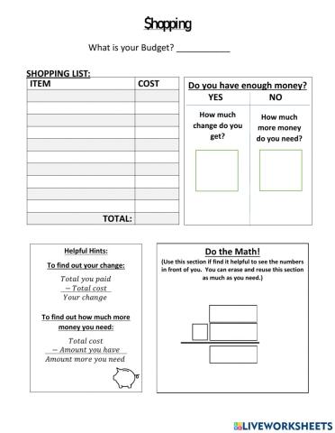 Blank Shopping Budget Practice Sheet