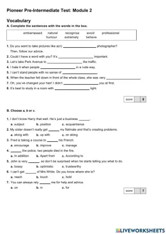 Pioneer Pre-Intermediate Module 2.Test