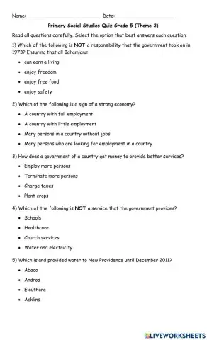 Social Studies Quiz Grade 5