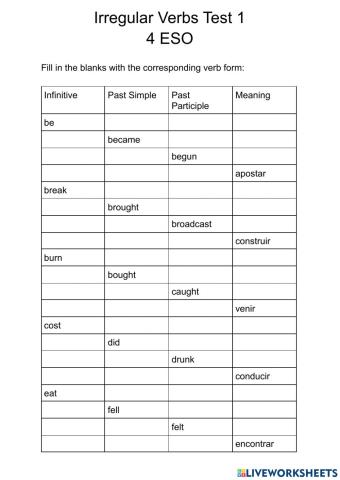 4 ESO Irregular Verbs Test 1
