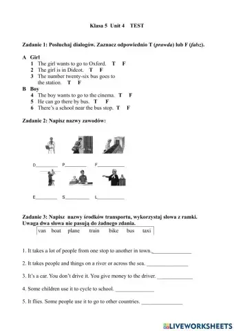 Klasa 5  Unit 4 TEST