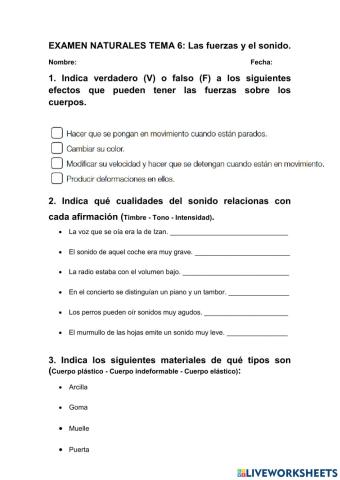 Examen tema 6 sociales: Fuerzas y sonido