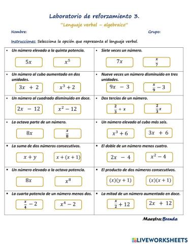 Laboratorio de reforzamiento -3 -Lenguaje verbal-algebraico-