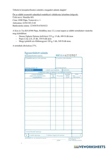 Készpénzfizetési számla kitöltése