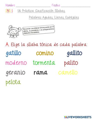 Clasificación de Sílabas - Palabras