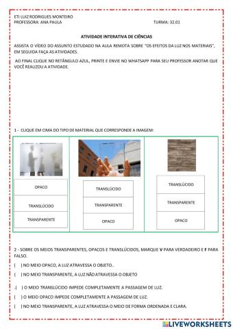 CIÊNCIAS: EFEITOS DA LUZ NOS MATERIAIS.