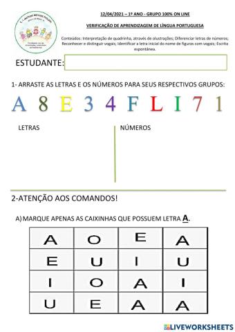 Verificação de Aprendizagem - Língua Portuguesa - 1º Bimestre