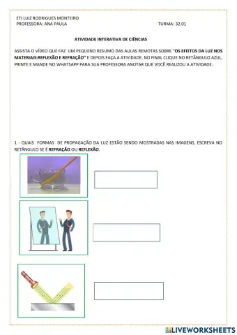 CIÊNCIAS: REFRAÇÃO E REFLEXÃO