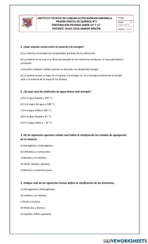 FICHA N°1 PRUEBA SABER QUIMICA 