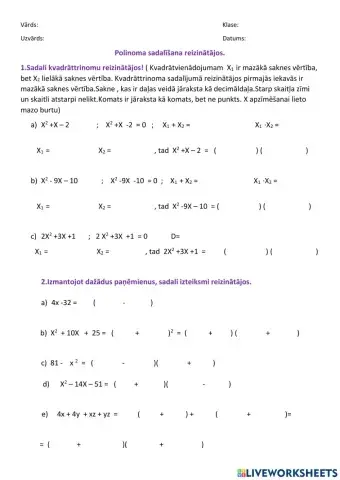 Polinoma sadalīšana reizinātājos