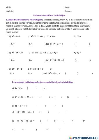 Polinoma sadalīšana reizinātājos