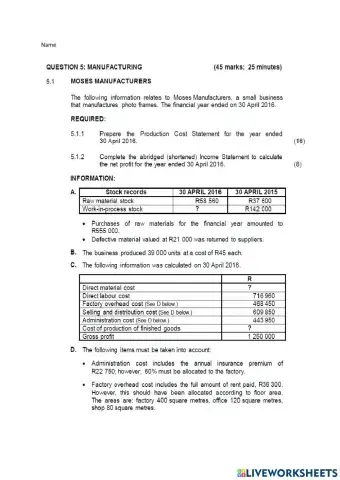 Question 5 Manufacturing