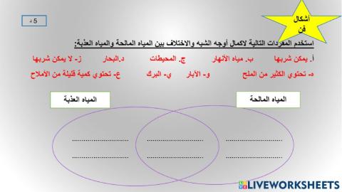 ورقة عمل المقارنة بين المياة المالحة والمياه العذبة