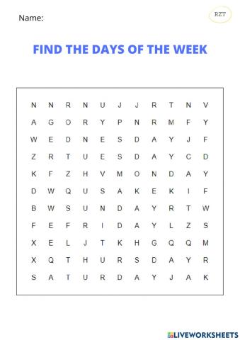 Days of the week - wordsearch