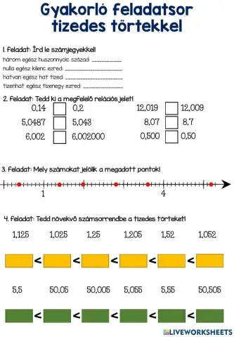 Tizedes törtek gyakorló feladatsor