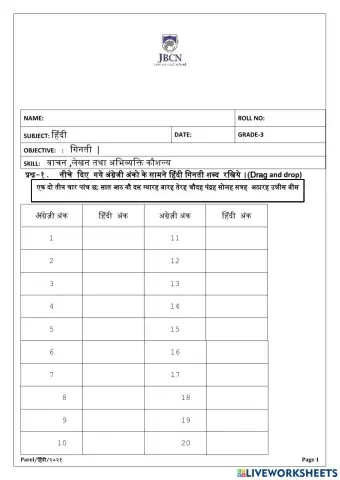 हिंदी गिनती अंको और शब्दों  में