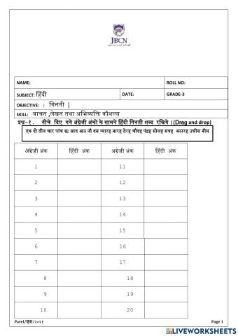 हिंदी गिनती अंको और शब्दों  में