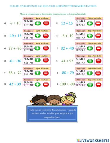 Aplicación de reglas de la adición entre enteros