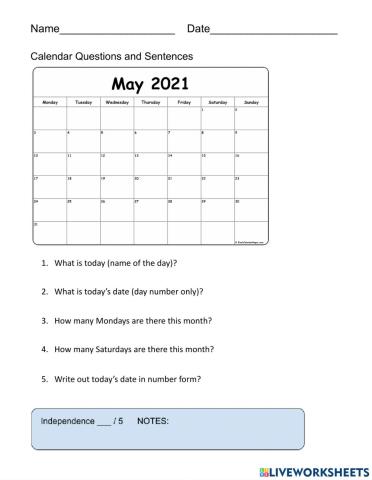 Monday Calendar for May 3, 2021