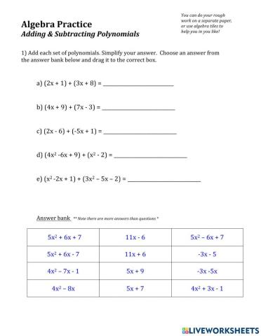 Algebra - Practice Adding & Subtracting Polynomials