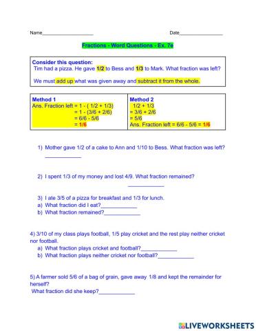 Fractions - Word Questions - Ex. 7e