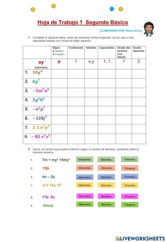Terminos algebraicos, identificación de nomonios, binomios y trinomios.