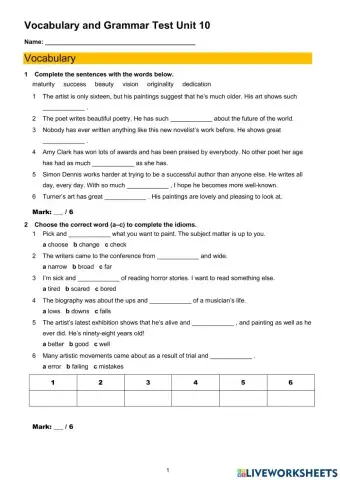 Grammar and Vocabulary Test-Unit 10