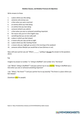 B2 relative clauses speaking activity