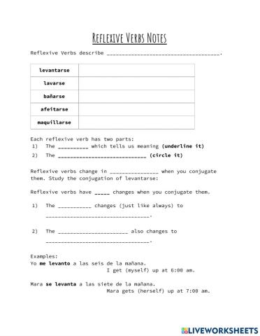 Reflexive Verbs notes