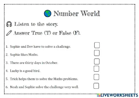 Number World -True-False sheet
