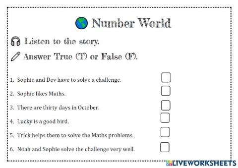Number World -True-False sheet