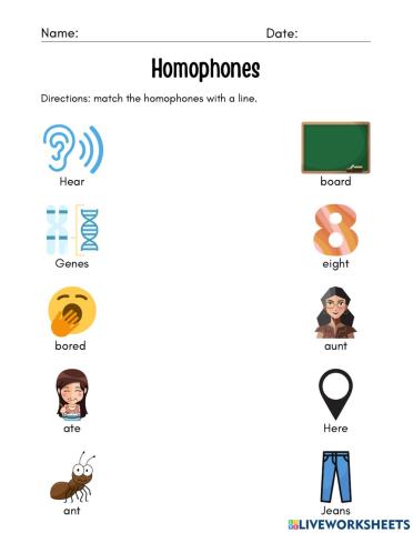 Homophones Matching Worksheet