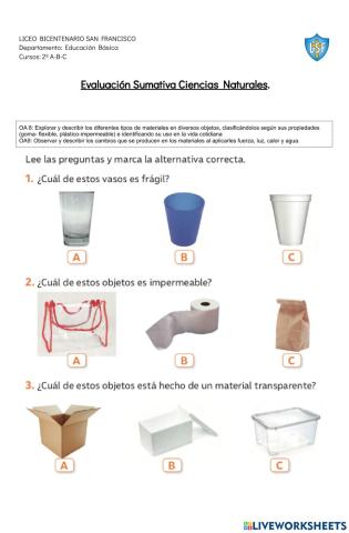Evaluación sumativa Ciencias Naturales 2ºABC