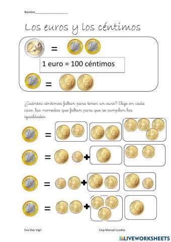 Las monedas. Equivalencia entre euro y céntimos